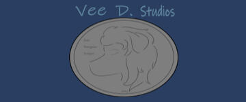 A silver coin featuring Vee's profile against a blue background. The text above the coin says "Vee D. Studios" while the text engraved into the coin itself says "Esto Benignus Semper", which means "Be Kind, Always"